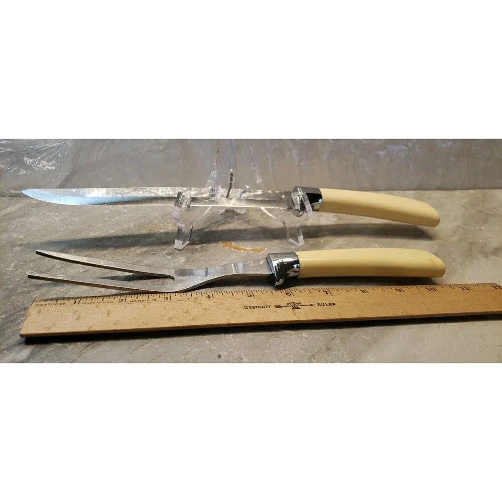 Vtg 2 pc Quikut CARVING SET Knife/Fork with Faux HANDLES